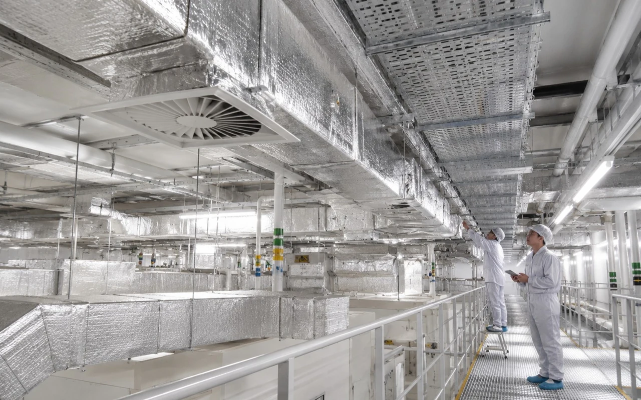 Không gian phòng sạch với panel, sàn và thiết bị sản xuất